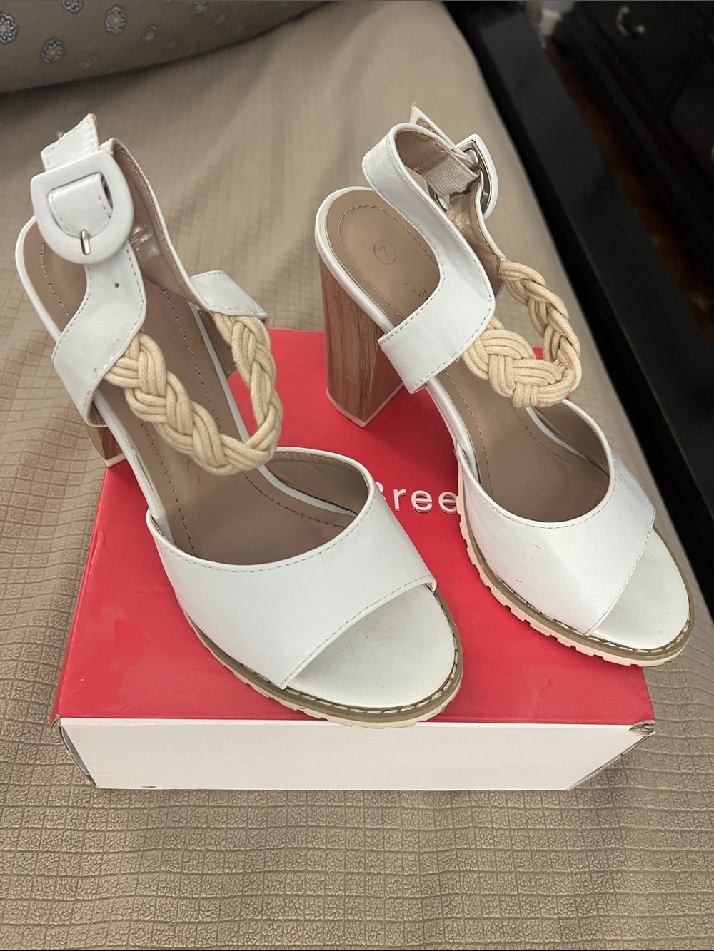 Nature Breeze White Braided-Strap Block Heel Sandals